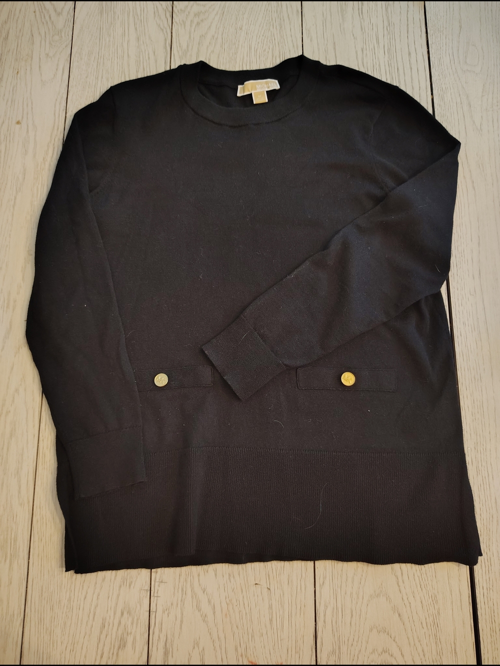 Michael Kors Black Crewneck Pullover Sweater with Gold-Tone Button Accents Med